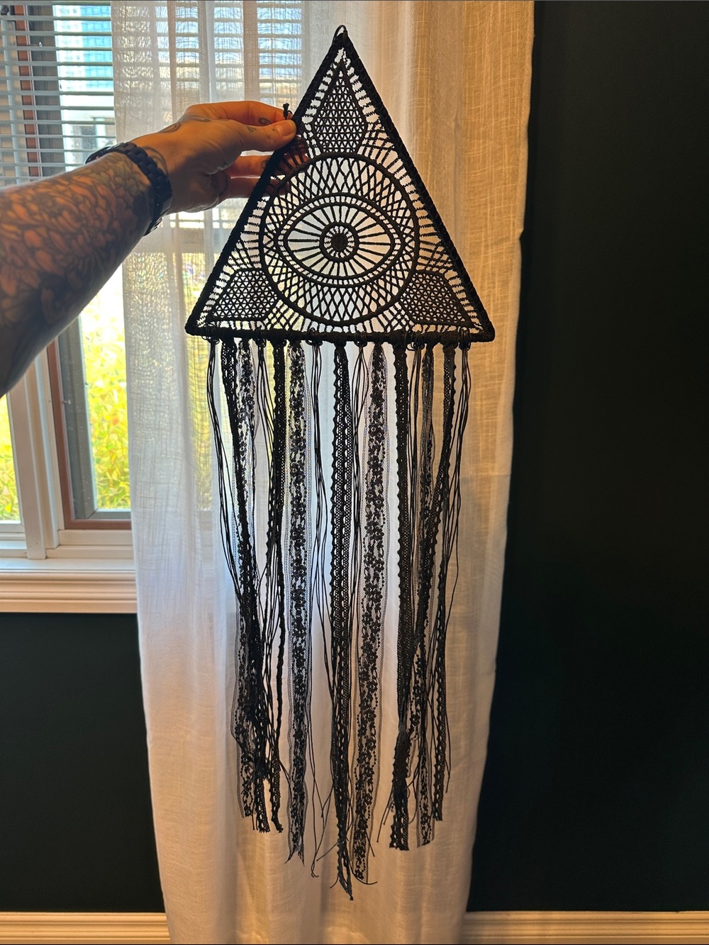 Black Witchy All Seeing Triangular Macrame Wall Hanging with Fringe